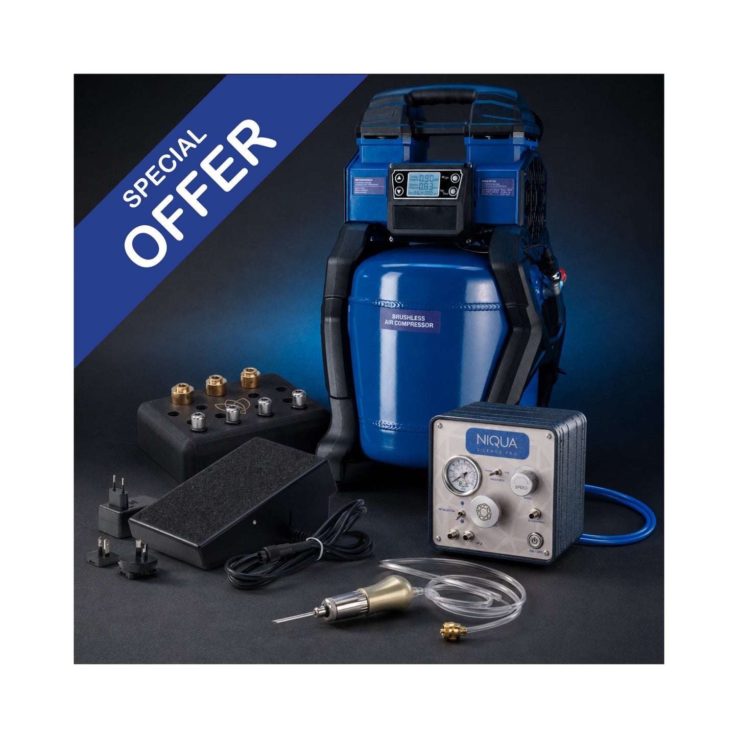 NIQUA Sistema di Incisione Premium 3-in-1 – SILENCE PRO, Manipolo The Rocket e Compressore Silence Pro 25L