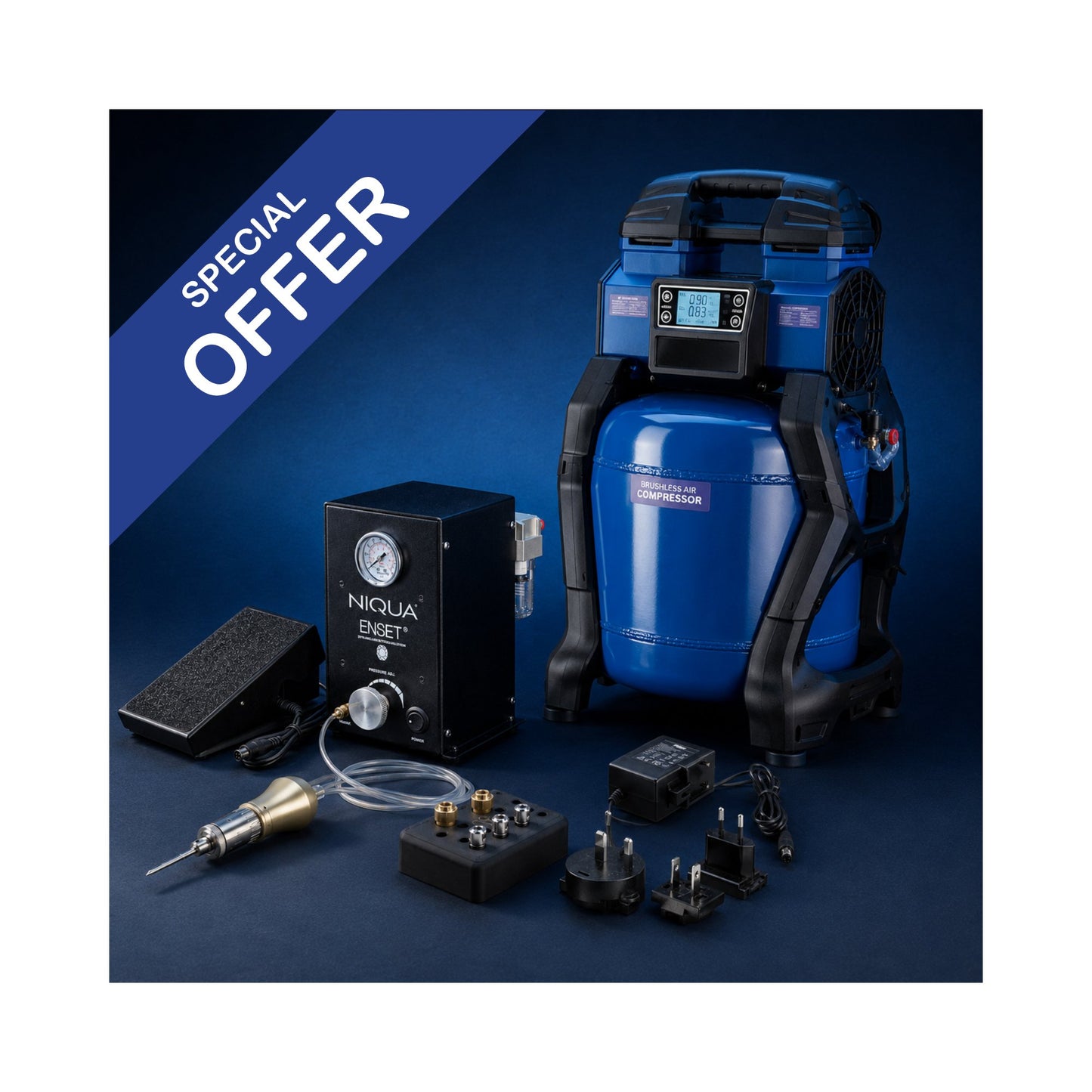 NIQUA Sistema di Incisione 3-in-1 – Enset Compact, Manipolo The Rocket e Compressore Silence Pro 25L